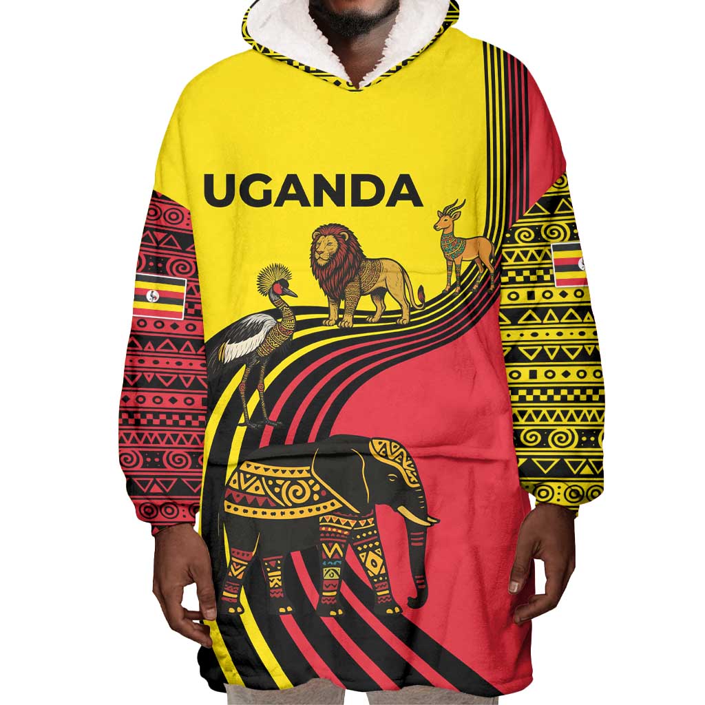 Uganda Wearable Blanket Hoodie - African Wildlife Elephant Lion and Crane in Tribal Pattern Design TS04