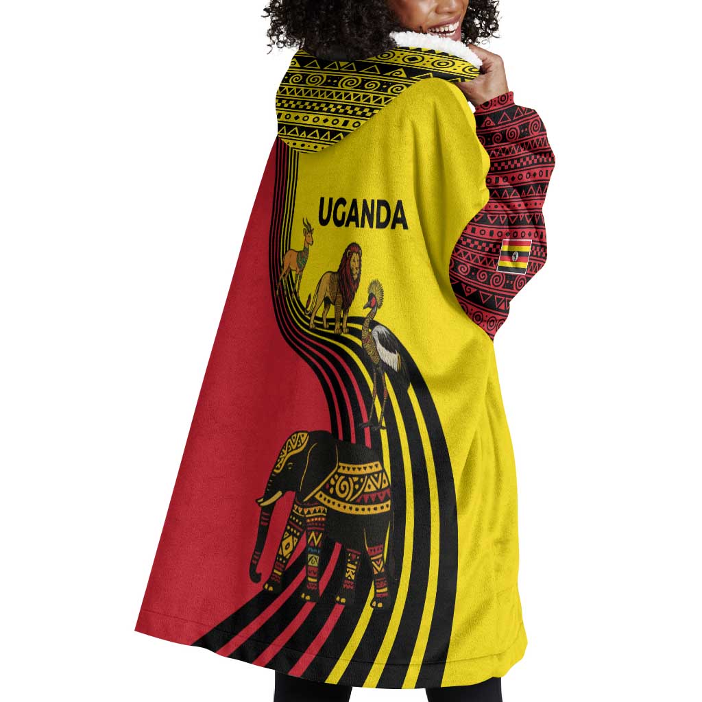 Uganda Wearable Blanket Hoodie - African Wildlife Elephant Lion and Crane in Tribal Pattern Design TS04