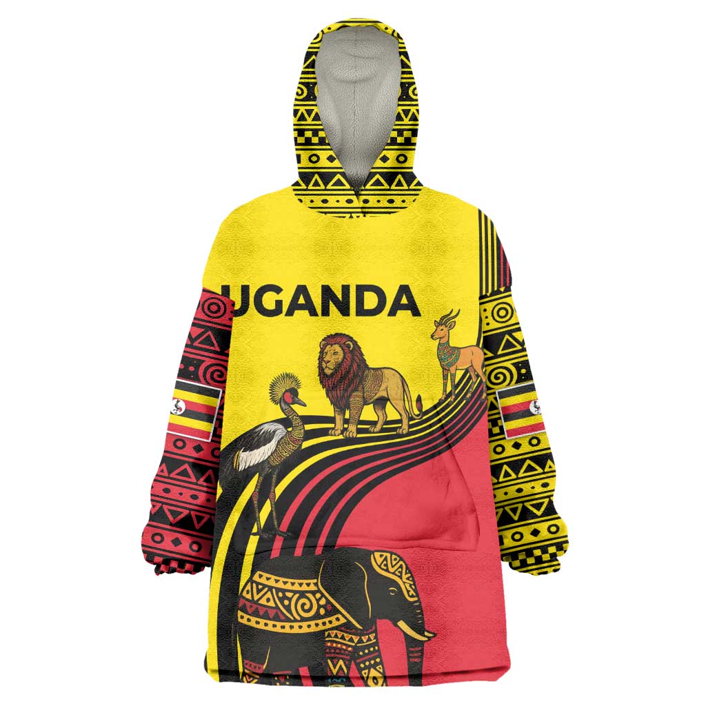 Uganda Wearable Blanket Hoodie - African Wildlife Elephant Lion and Crane in Tribal Pattern Design TS04