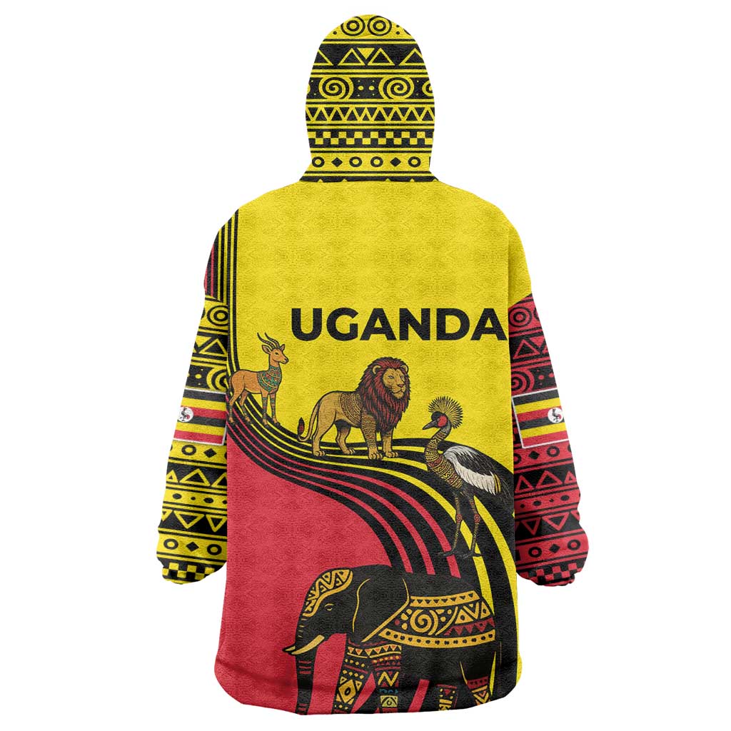 Uganda Wearable Blanket Hoodie - African Wildlife Elephant Lion and Crane in Tribal Pattern Design TS04