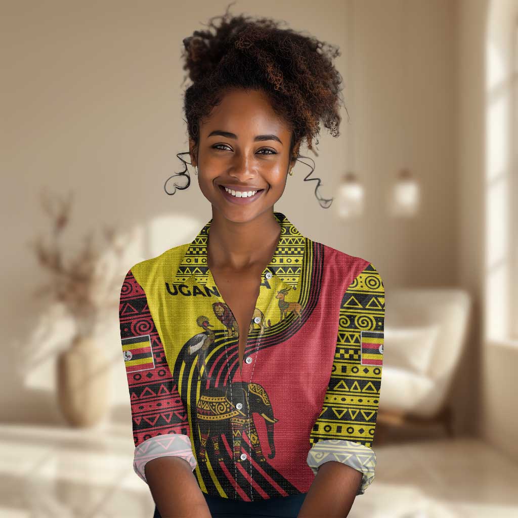 Uganda Women Casual Shirt - African Wildlife Elephant Lion and Crane in Tribal Pattern Design TS04