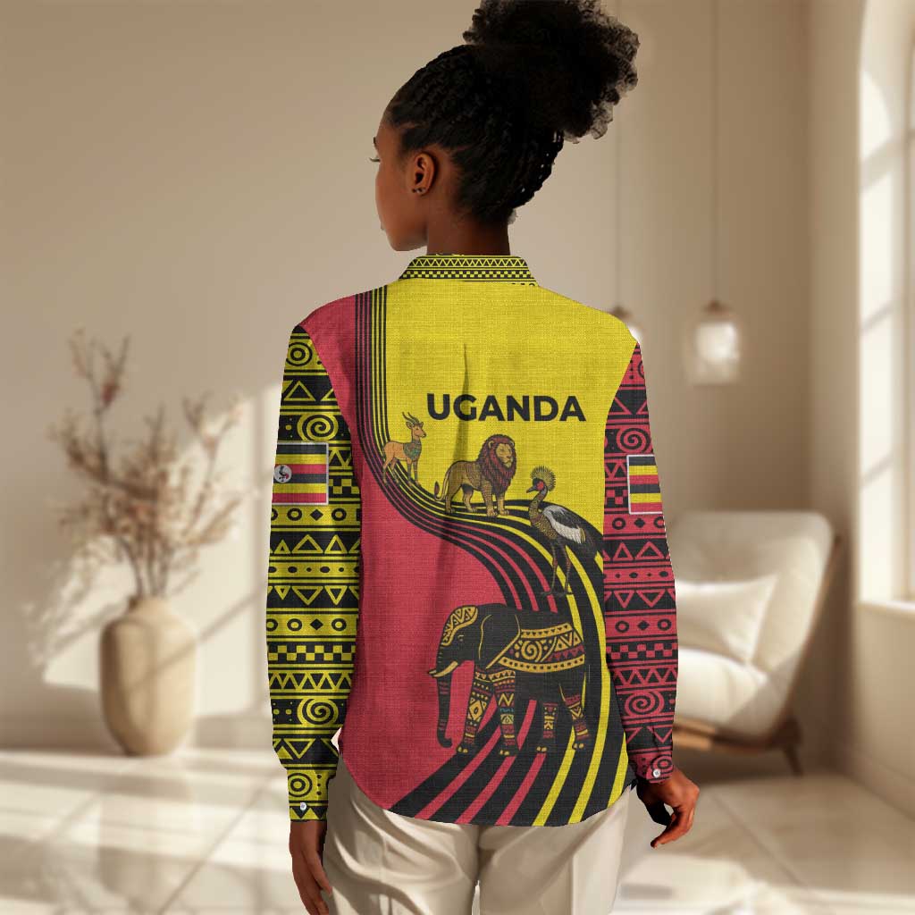 Uganda Women Casual Shirt - African Wildlife Elephant Lion and Crane in Tribal Pattern Design TS04