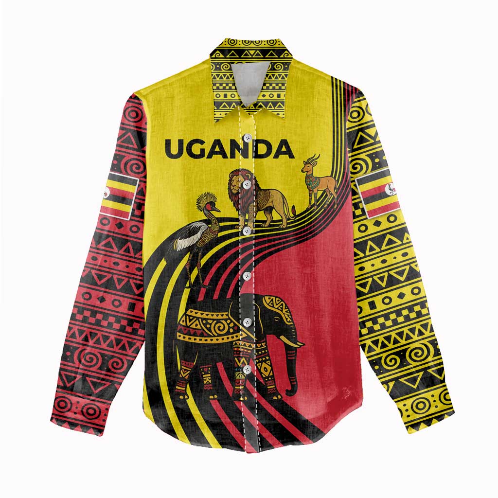 Uganda Women Casual Shirt - African Wildlife Elephant Lion and Crane in Tribal Pattern Design TS04