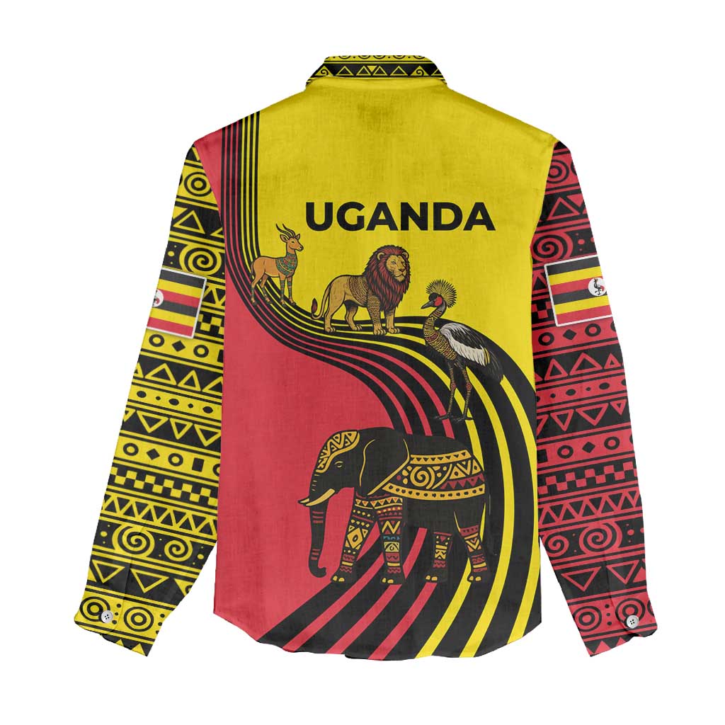 Uganda Women Casual Shirt - African Wildlife Elephant Lion and Crane in Tribal Pattern Design TS04