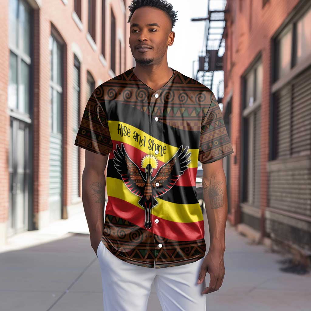 Uganda Baseball Jersey - Crested Crane and Rise and Shine Tribal Pattern Design TS04