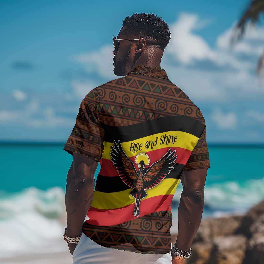 Uganda Hawaiian Shirt - Crested Crane and Rise and Shine Tribal Pattern Design TS04