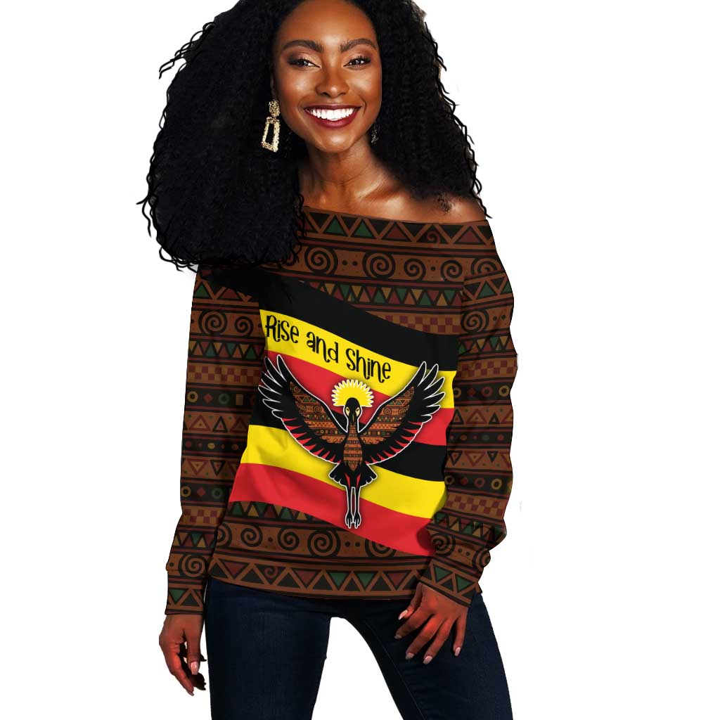 Uganda Off Shoulder Sweater - Crested Crane and Rise and Shine Tribal Pattern Design TS04