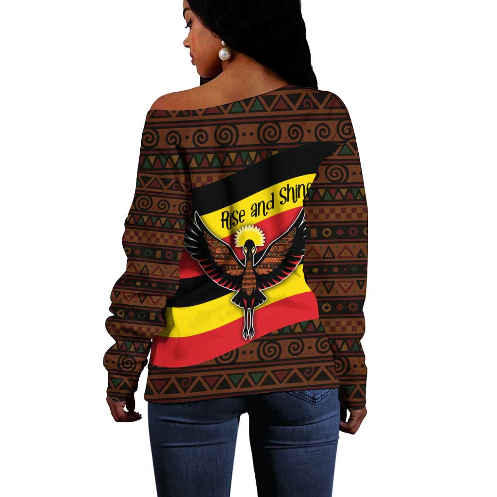 Uganda Off Shoulder Sweater - Crested Crane and Rise and Shine Tribal Pattern Design TS04