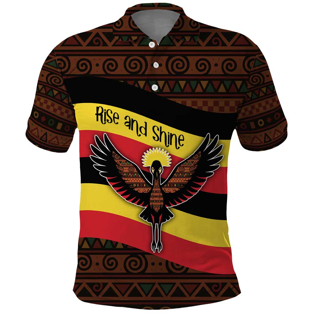 Uganda Polo Shirt with Crested Crane and Rise and Shine Tribal Pattern Design TS04