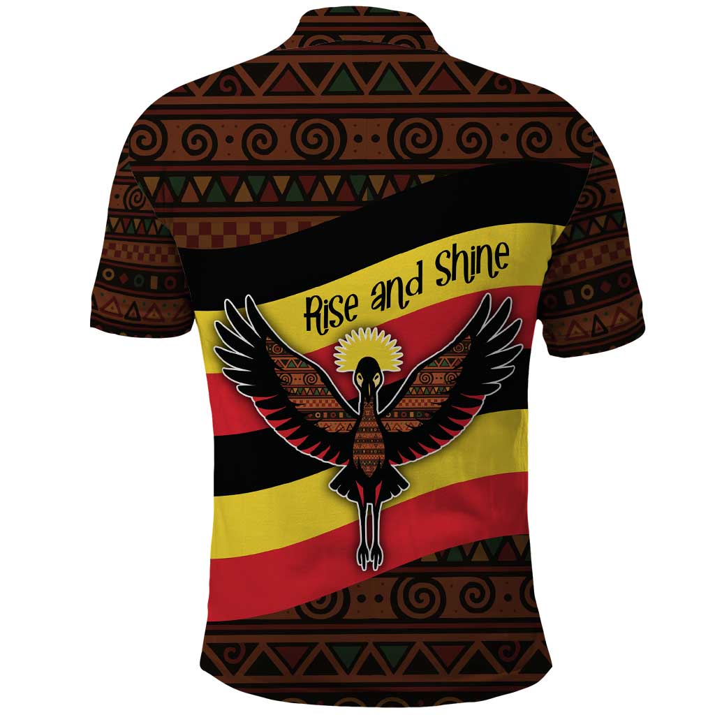 Uganda Polo Shirt with Crested Crane and Rise and Shine Tribal Pattern Design TS04