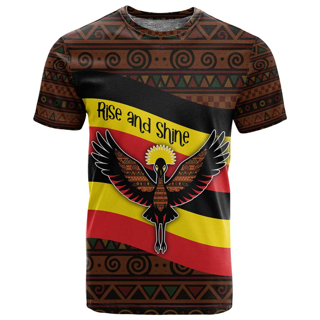 Uganda T shirt - Crested Crane and Rise and Shine Tribal Pattern Design TS04