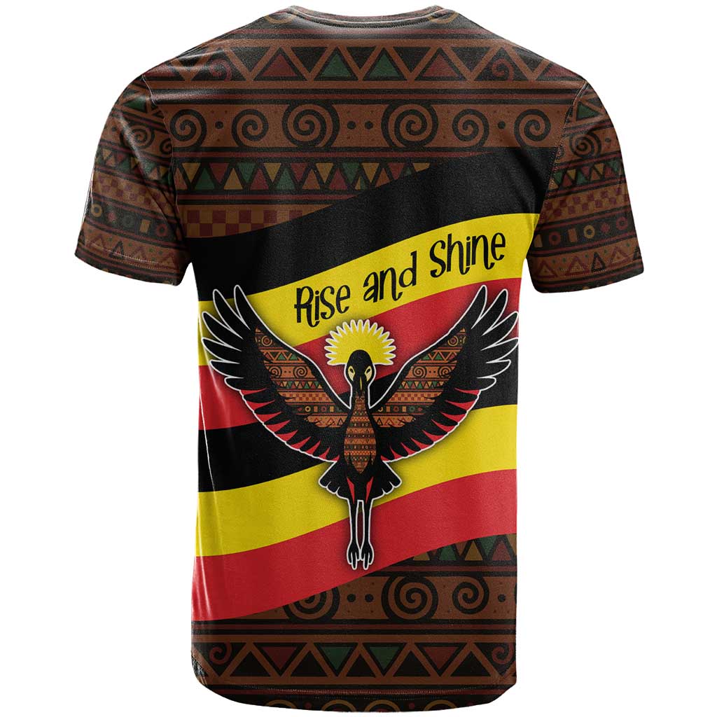 Uganda T shirt - Crested Crane and Rise and Shine Tribal Pattern Design TS04