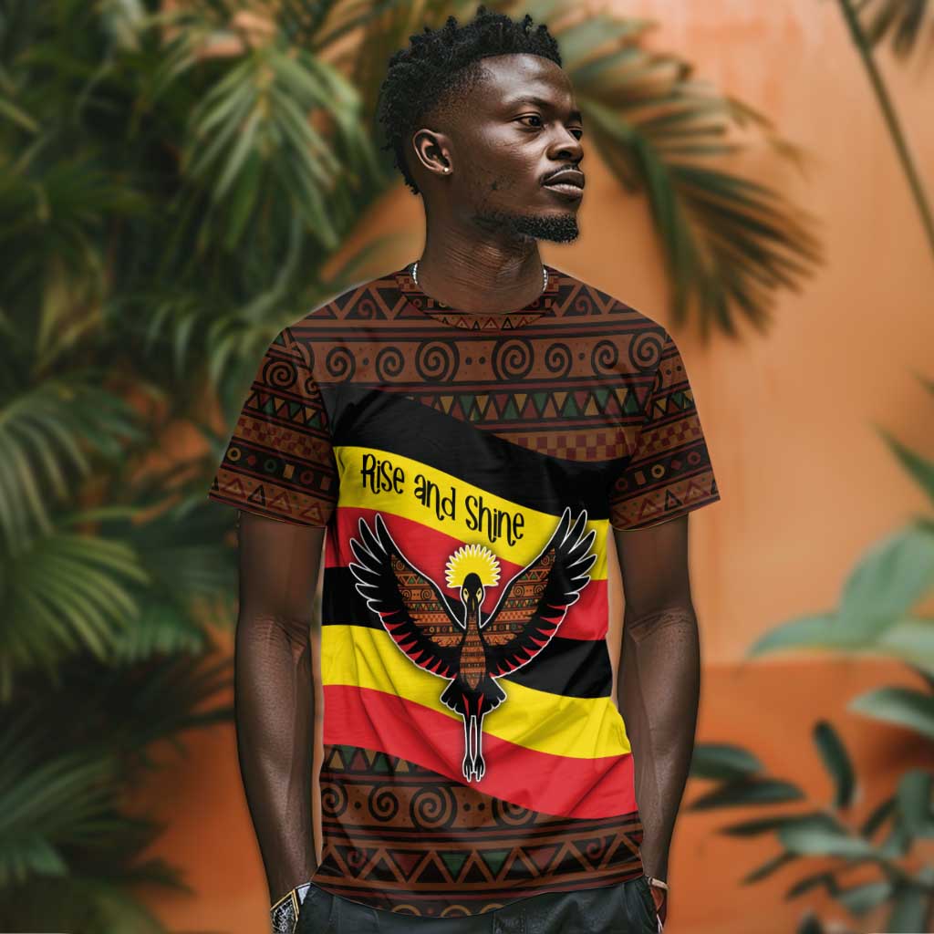 Uganda T shirt - Crested Crane and Rise and Shine Tribal Pattern Design TS04
