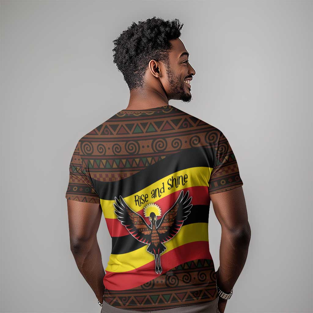 Uganda T shirt - Crested Crane and Rise and Shine Tribal Pattern Design TS04