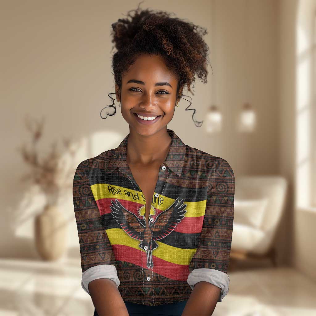 Uganda Women Casual Shirt - Crested Crane and Rise and Shine Tribal Pattern Design TS04