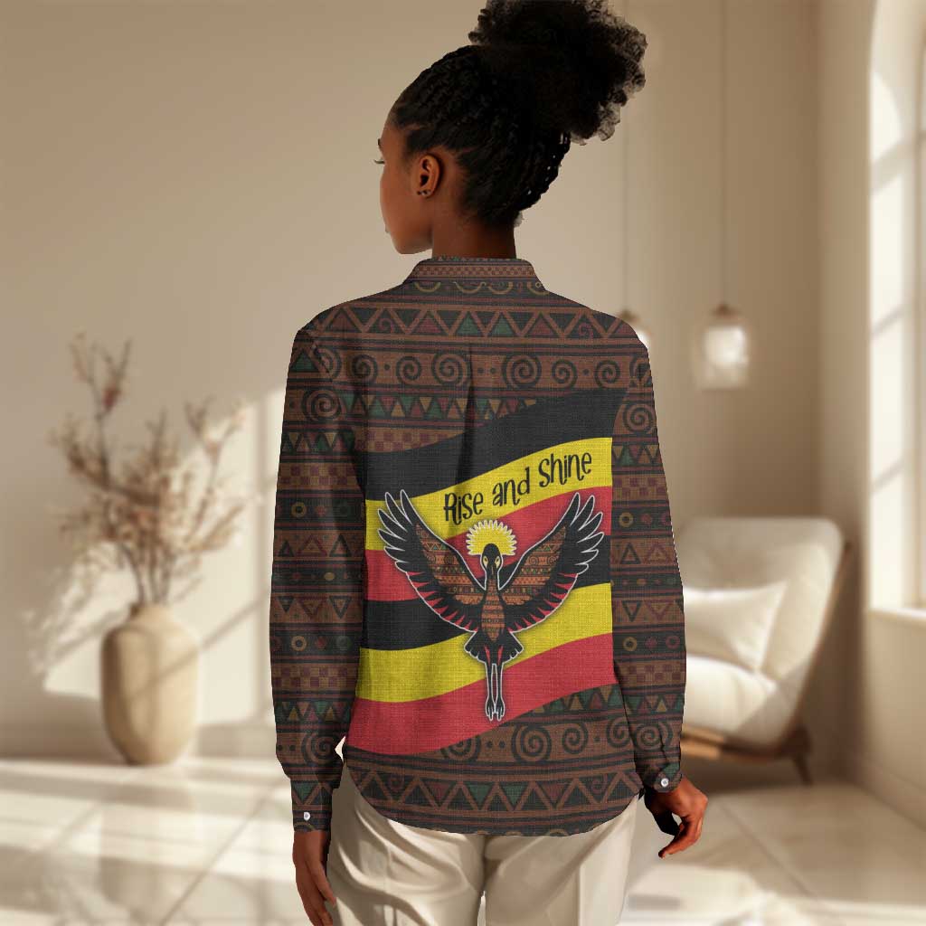 Uganda Women Casual Shirt - Crested Crane and Rise and Shine Tribal Pattern Design TS04