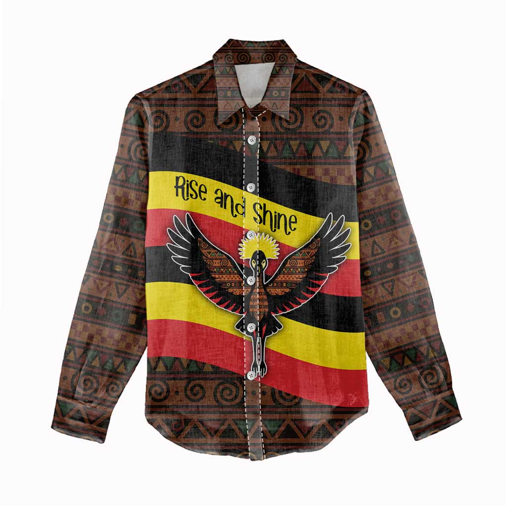 Uganda Women Casual Shirt - Crested Crane and Rise and Shine Tribal Pattern Design TS04