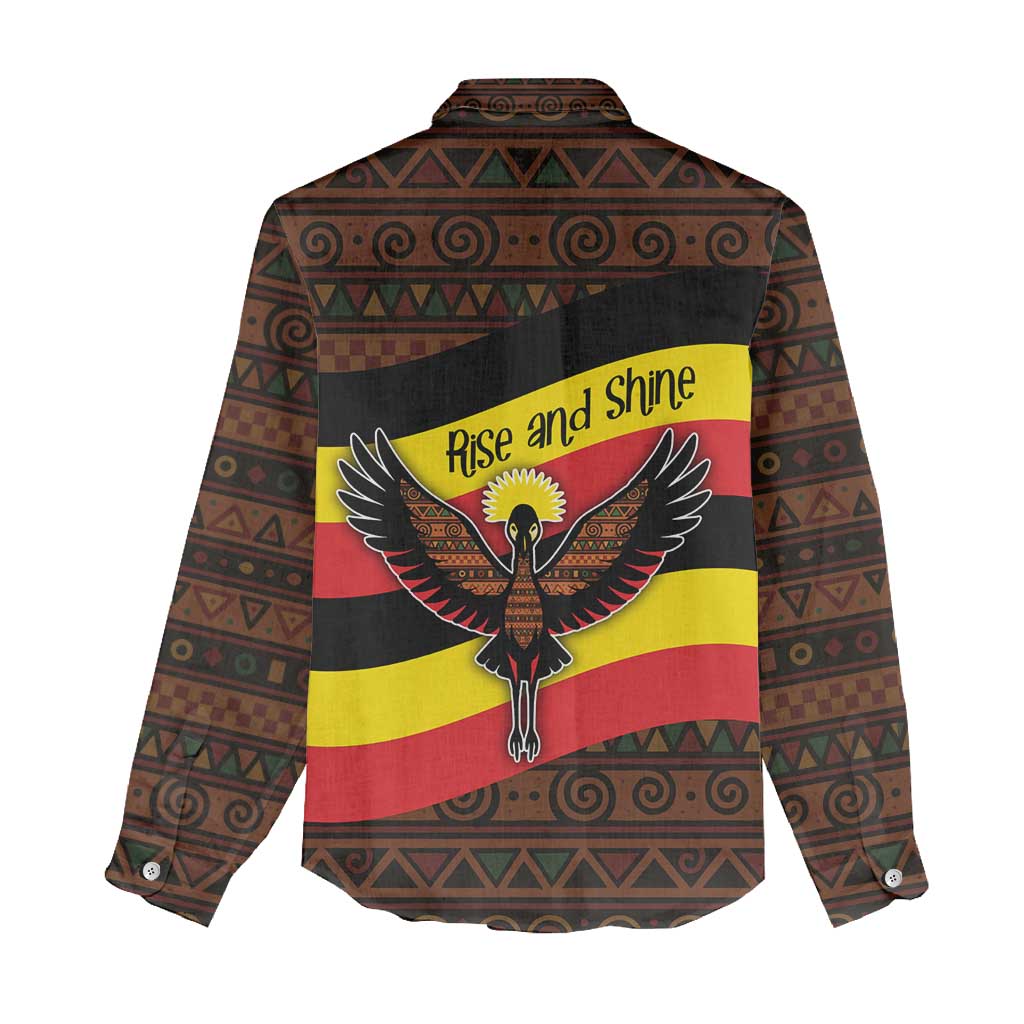 Uganda Women Casual Shirt - Crested Crane and Rise and Shine Tribal Pattern Design TS04