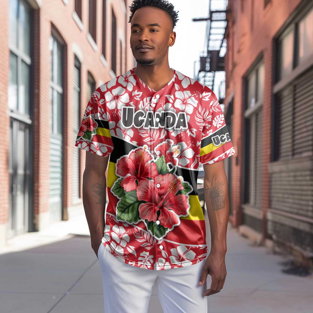 Uganda Baseball Jersey - Red Hibiscus Flowers and National Flag Design TS04