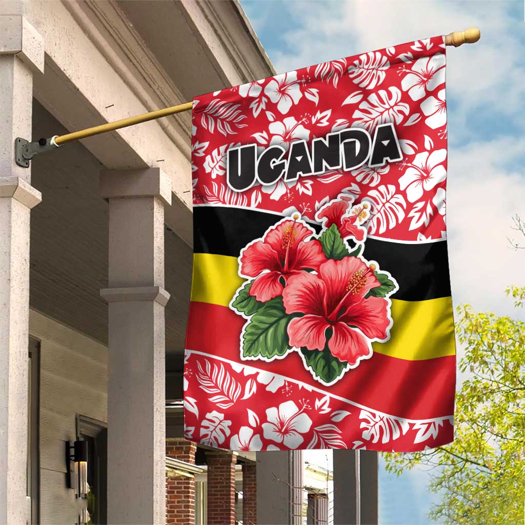 Uganda Garden Flag - Red Hibiscus Flowers and National Flag Design TS04