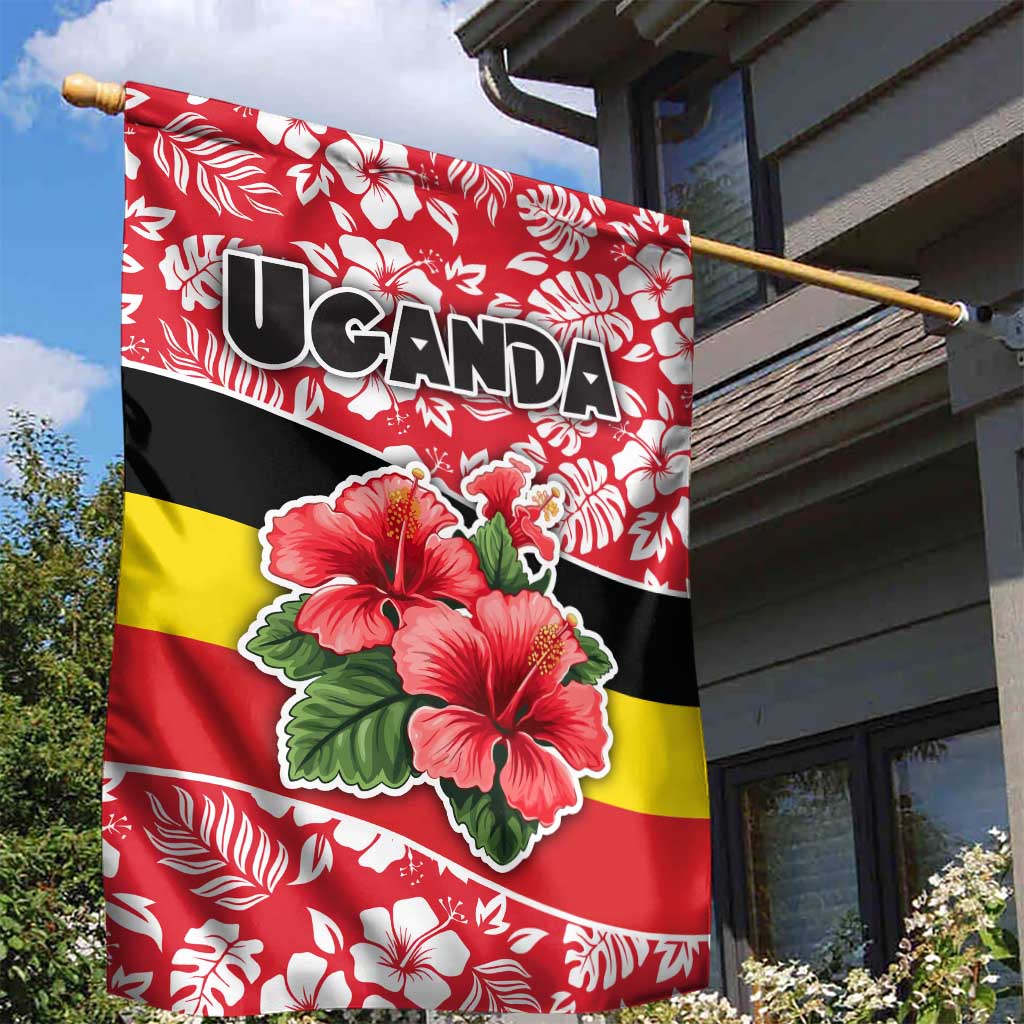 Uganda Garden Flag - Red Hibiscus Flowers and National Flag Design TS04