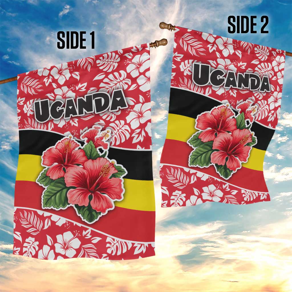 Uganda Garden Flag - Red Hibiscus Flowers and National Flag Design TS04
