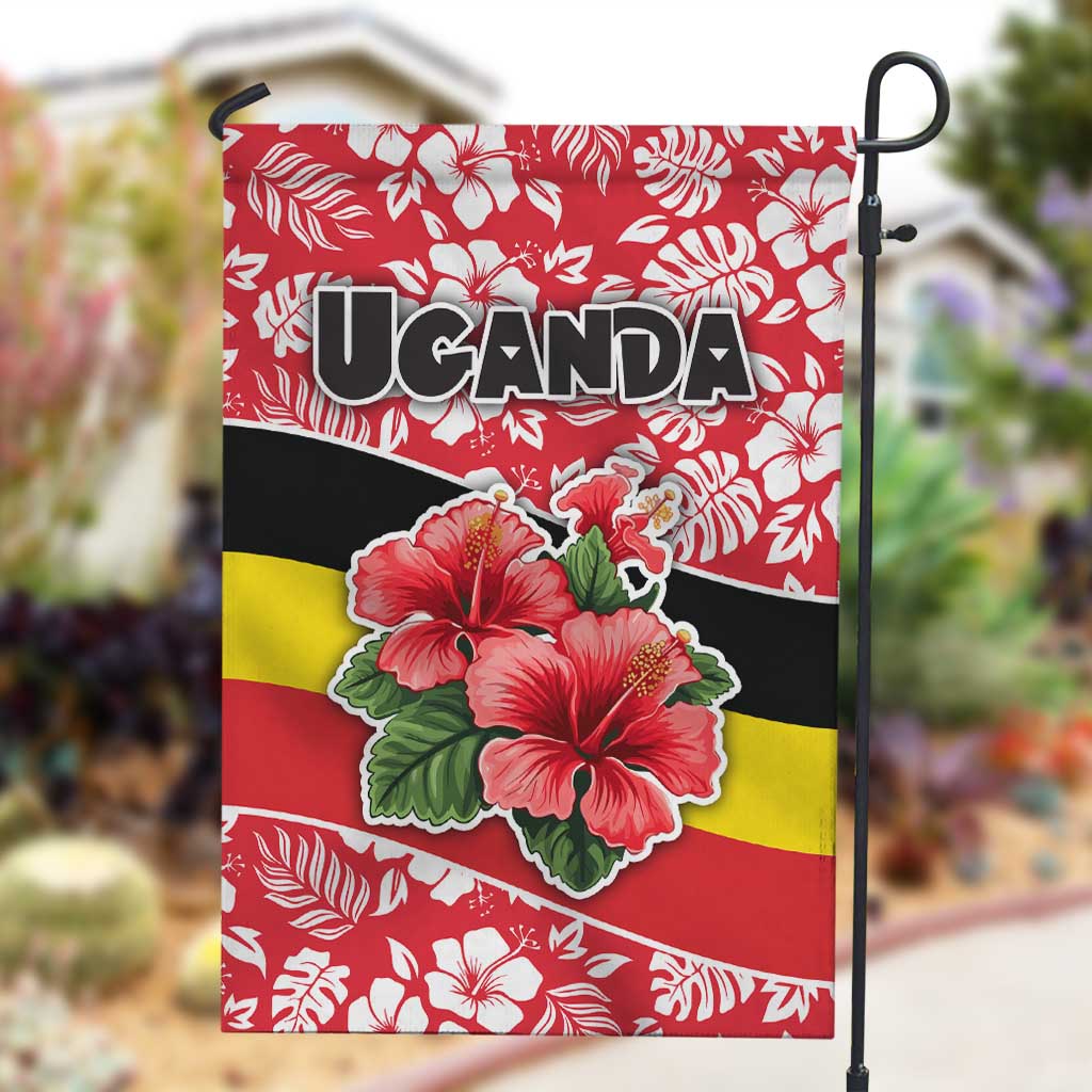 Uganda Garden Flag - Red Hibiscus Flowers and National Flag Design TS04