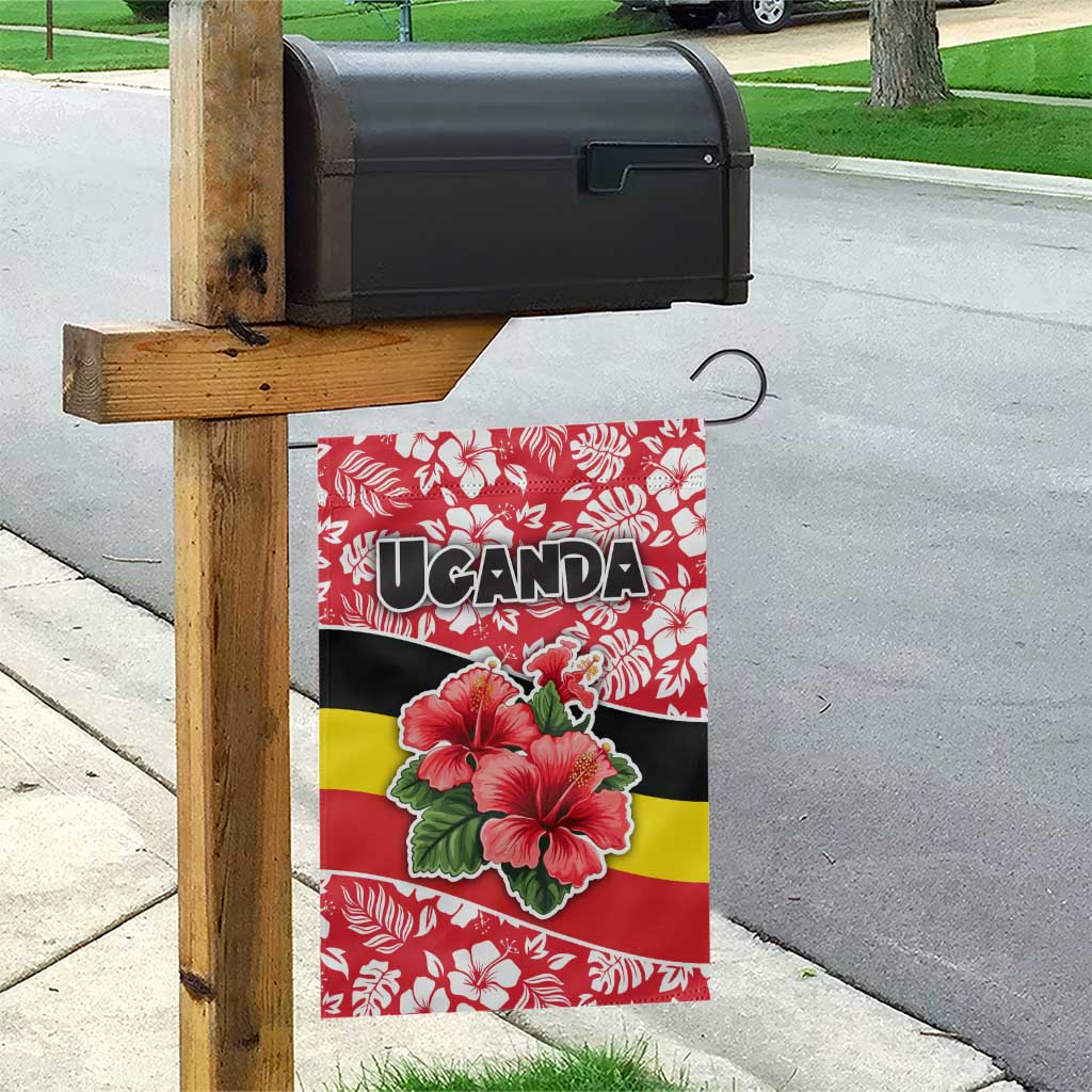 Uganda Garden Flag - Red Hibiscus Flowers and National Flag Design TS04