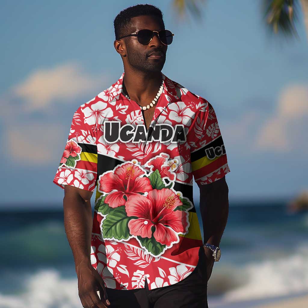 Uganda Hawaiian Shirt - Red Hibiscus Flowers and National Flag Design TS04