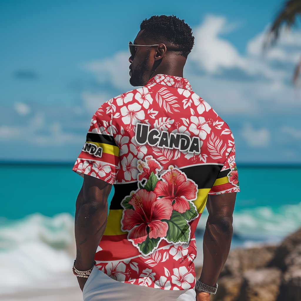 Uganda Hawaiian Shirt - Red Hibiscus Flowers and National Flag Design TS04