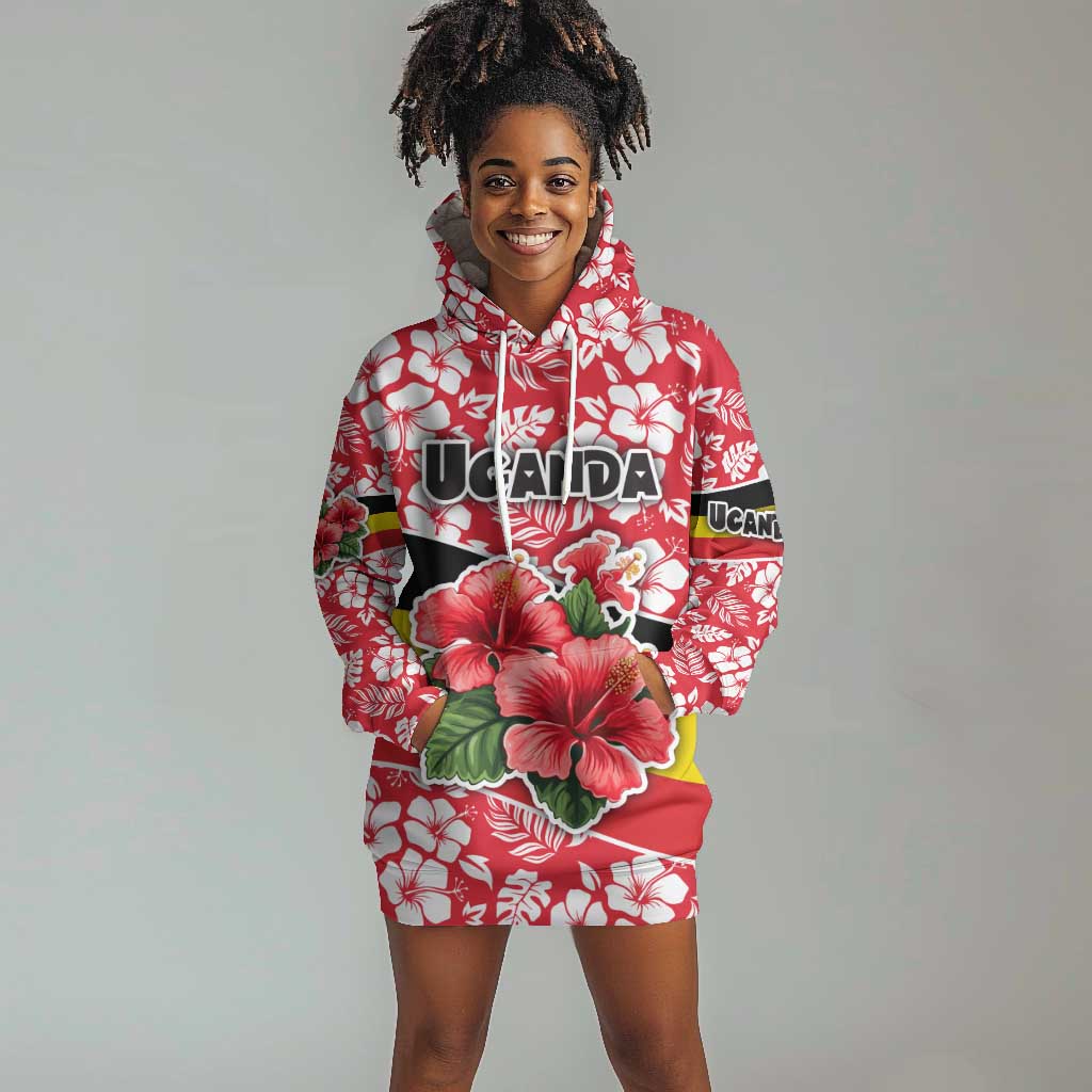 Uganda Hoodie Dress - Red Hibiscus Flowers and National Flag Design TS04