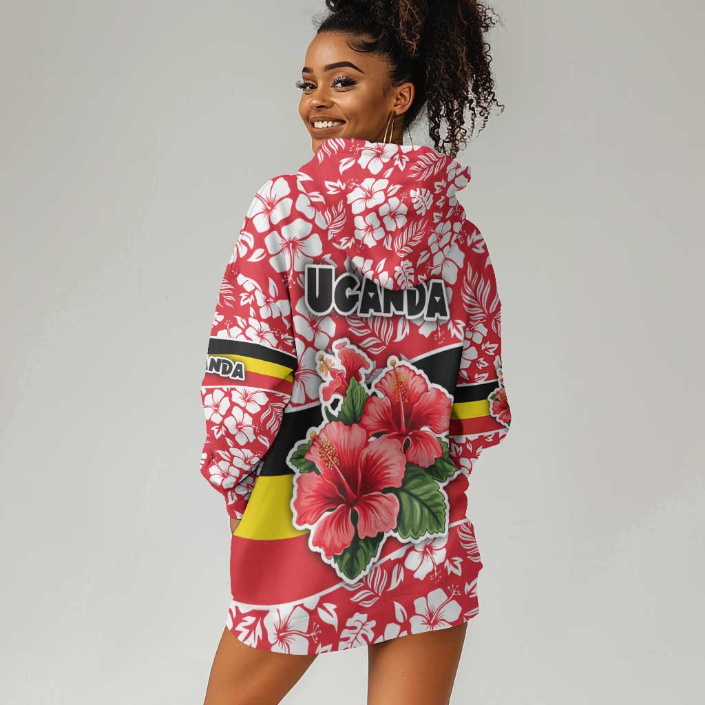Uganda Hoodie Dress - Red Hibiscus Flowers and National Flag Design TS04