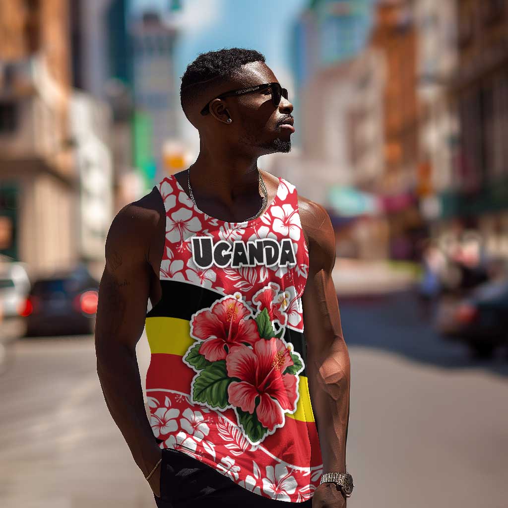 Uganda Men Tank Top - Red Hibiscus Flowers and National Flag Design TS04