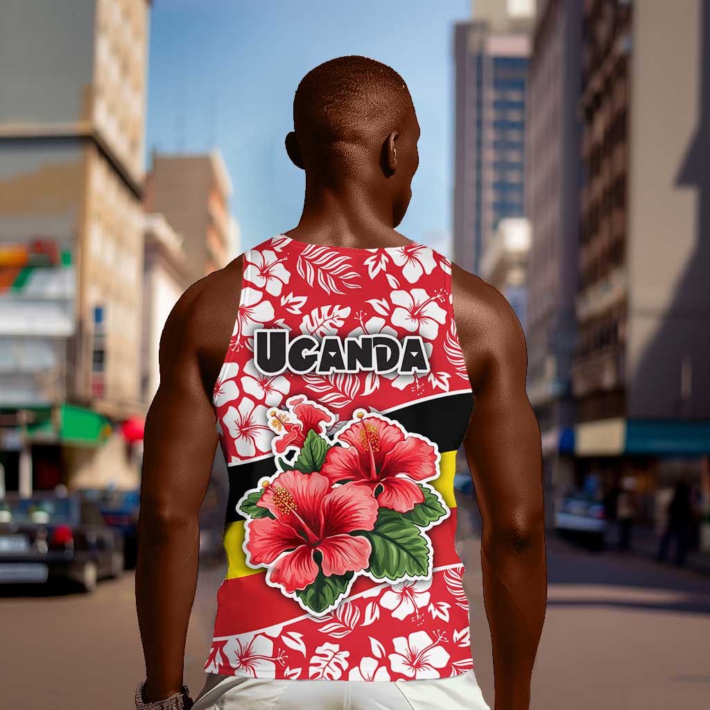 Uganda Men Tank Top - Red Hibiscus Flowers and National Flag Design TS04