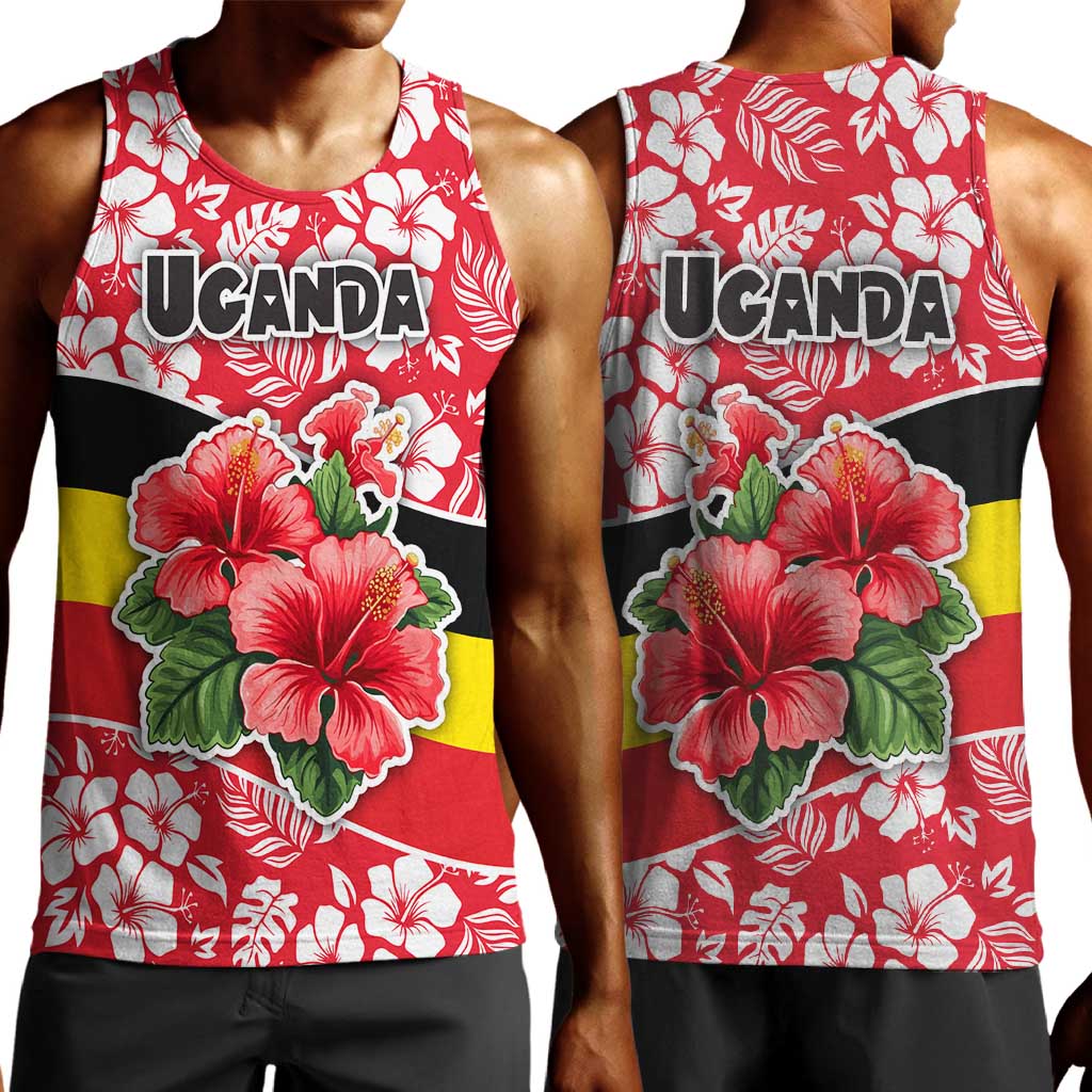 Uganda Men Tank Top - Red Hibiscus Flowers and National Flag Design TS04