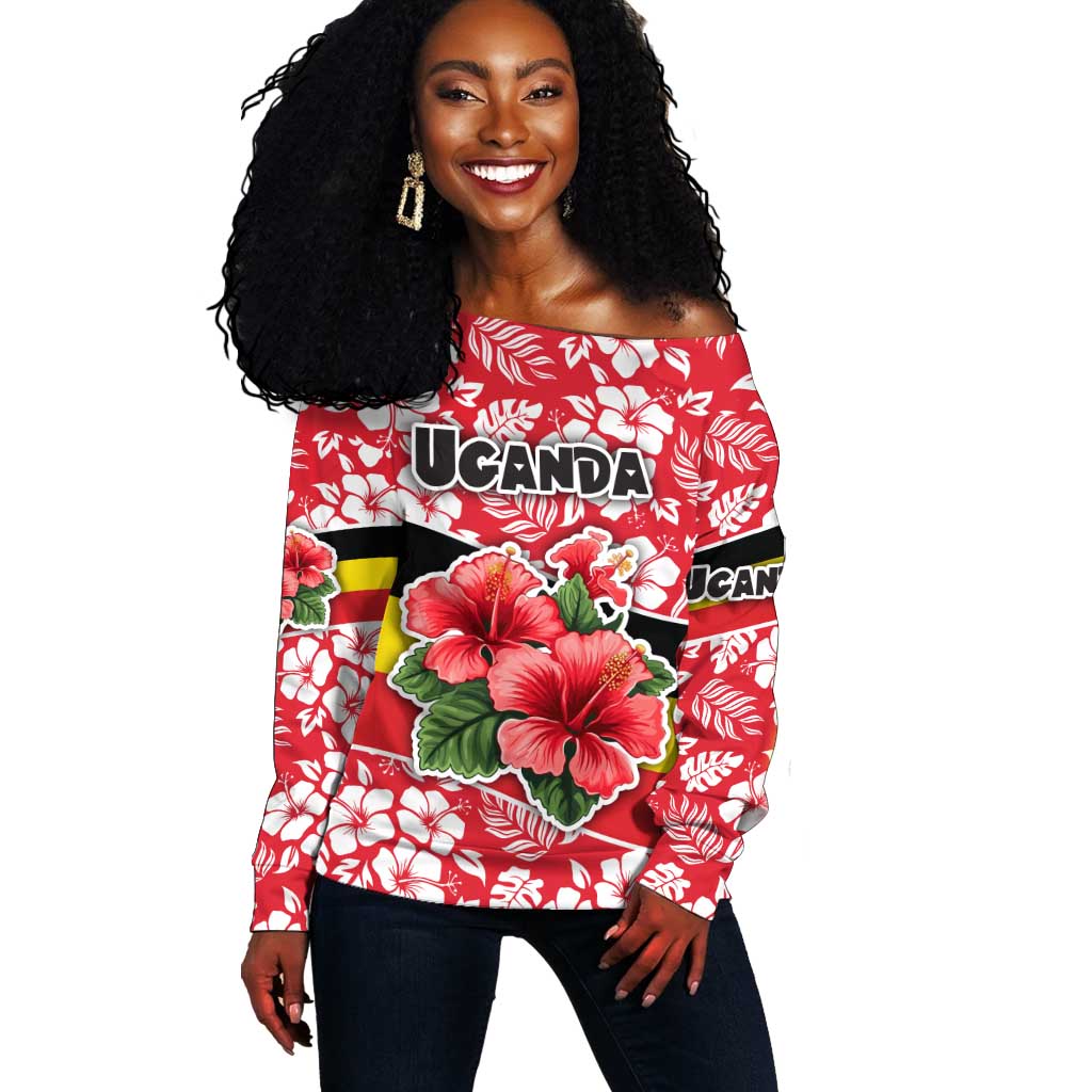 Uganda Off Shoulder Sweater - Red Hibiscus Flowers and National Flag Design TS04