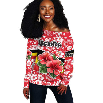Uganda Off Shoulder Sweater - Red Hibiscus Flowers and National Flag Design TS04