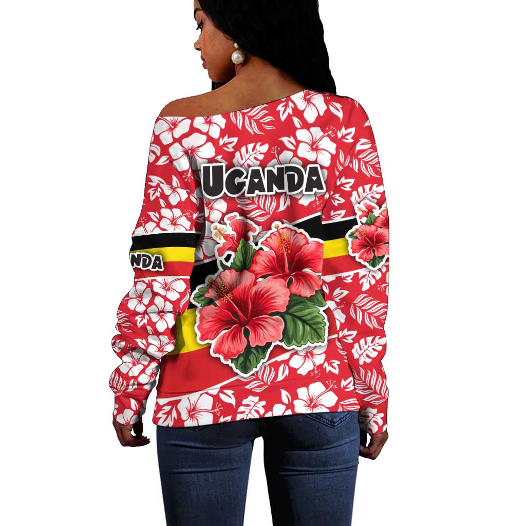 Uganda Off Shoulder Sweater - Red Hibiscus Flowers and National Flag Design TS04