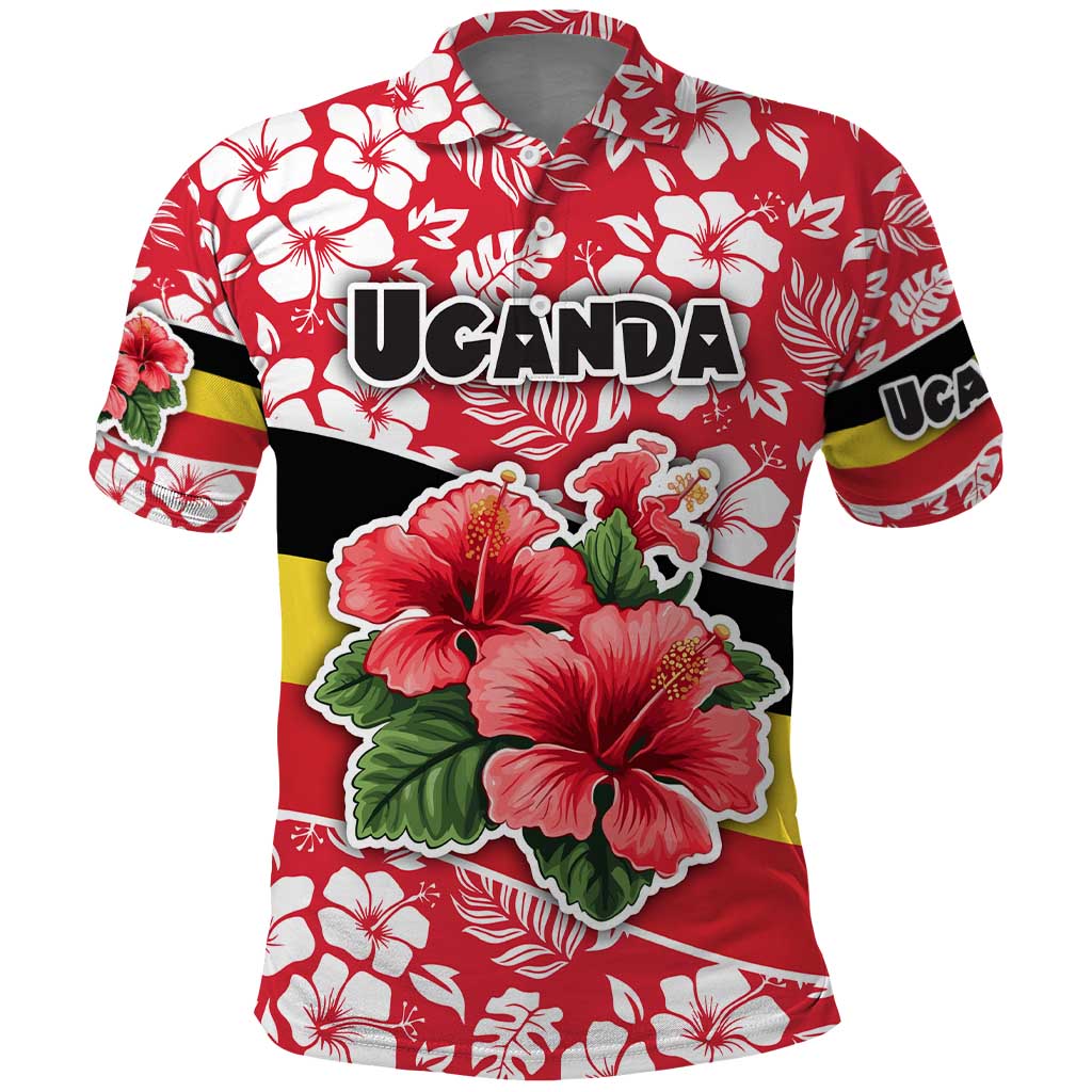 Uganda Polo Shirt with Red Hibiscus Flowers and National Flag Design TS04