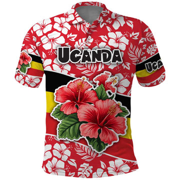 Uganda Polo Shirt with Red Hibiscus Flowers and National Flag Design TS04