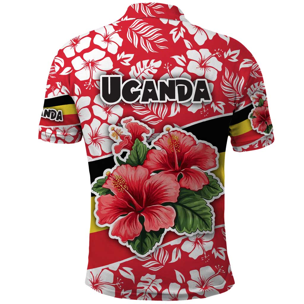 Uganda Polo Shirt with Red Hibiscus Flowers and National Flag Design TS04