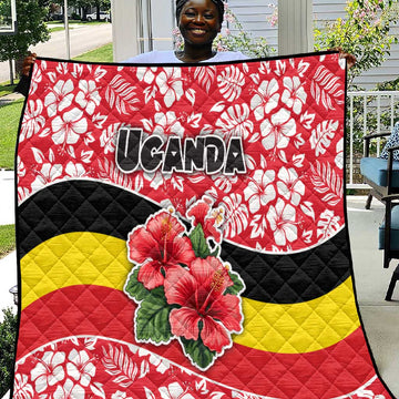 Uganda Quilt - Red Hibiscus Flowers and National Flag Design TS04
