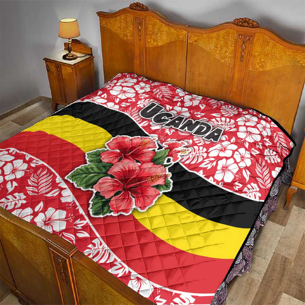 Uganda Quilt - Red Hibiscus Flowers and National Flag Design TS04