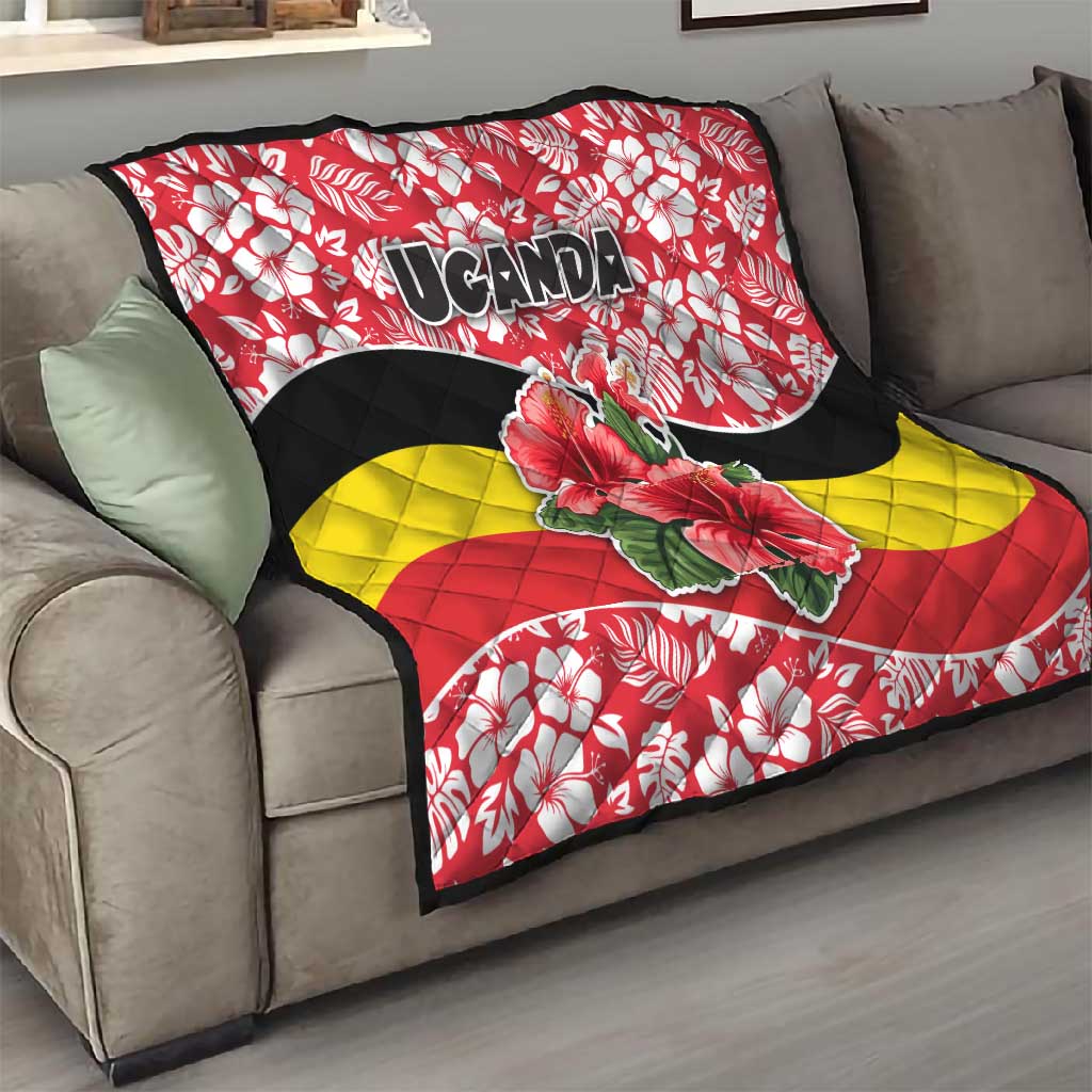 Uganda Quilt - Red Hibiscus Flowers and National Flag Design TS04