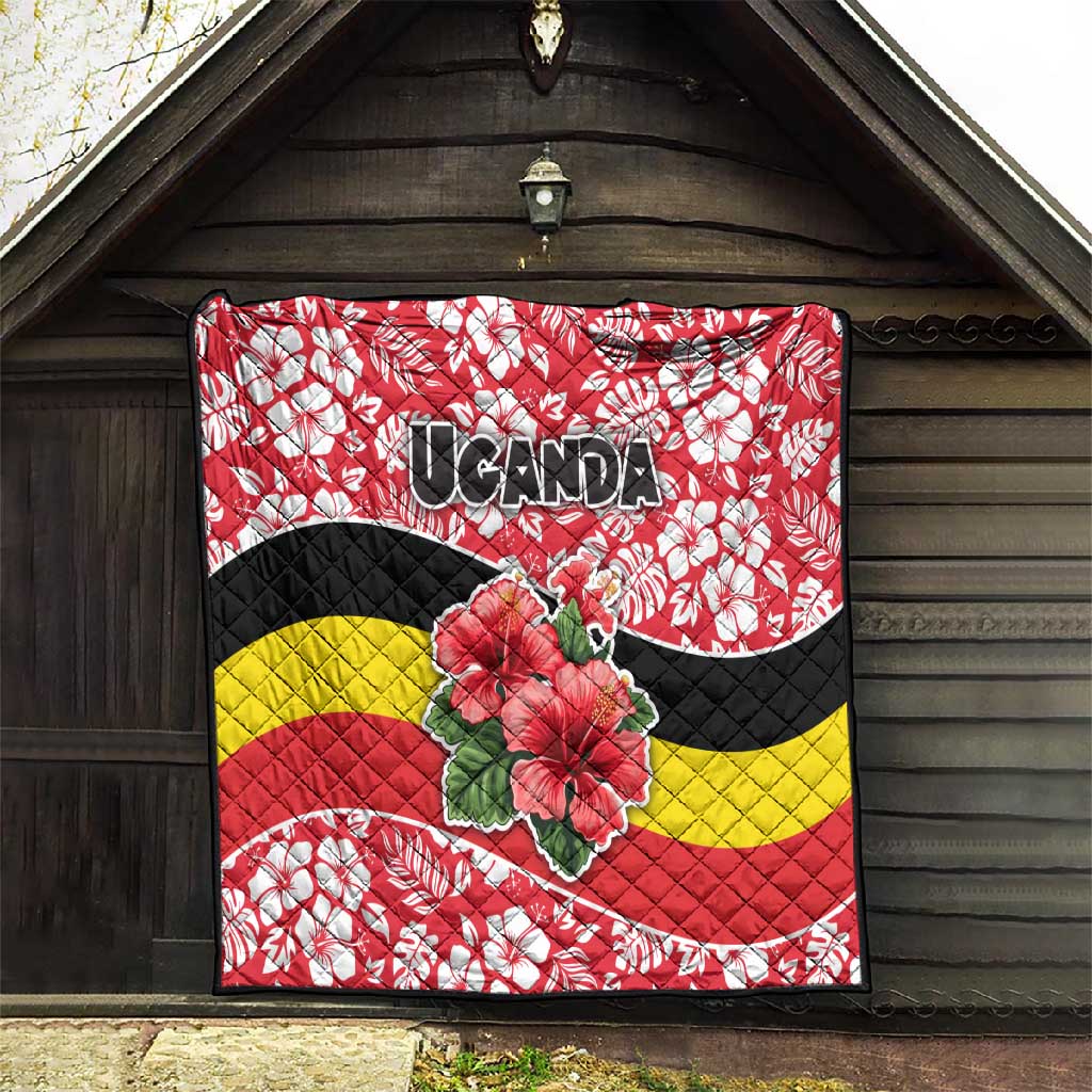 Uganda Quilt - Red Hibiscus Flowers and National Flag Design TS04