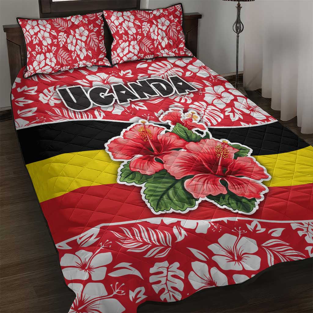Uganda Quilt Bed Set - Red Hibiscus Flowers and National Flag Design TS04