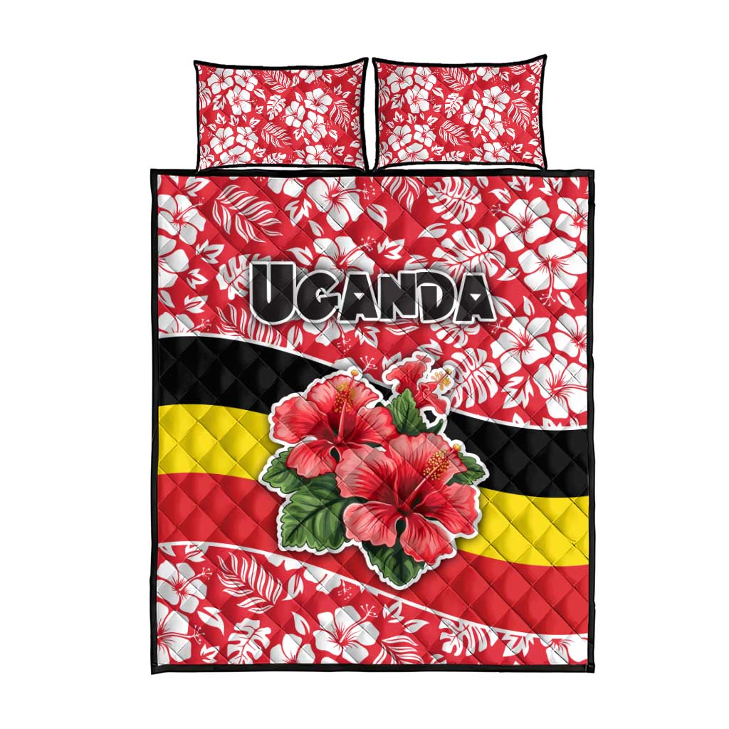Uganda Quilt Bed Set - Red Hibiscus Flowers and National Flag Design TS04