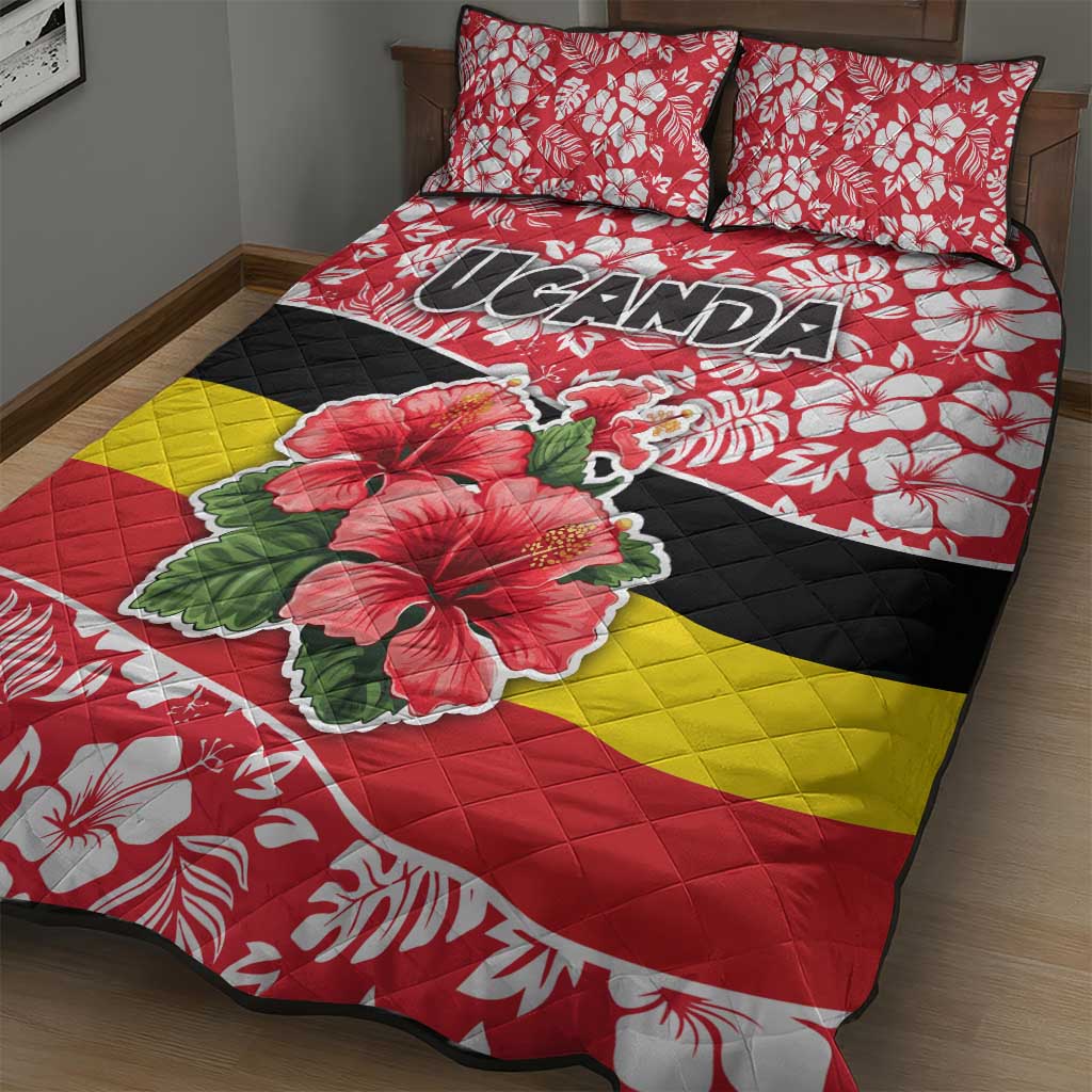 Uganda Quilt Bed Set - Red Hibiscus Flowers and National Flag Design TS04