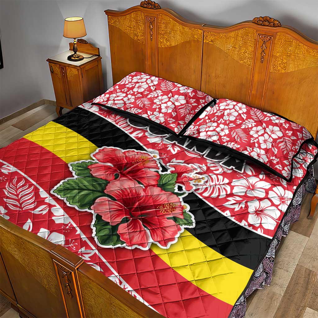 Uganda Quilt Bed Set - Red Hibiscus Flowers and National Flag Design TS04