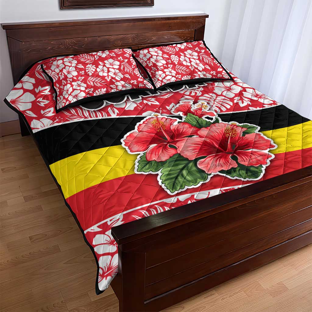 Uganda Quilt Bed Set - Red Hibiscus Flowers and National Flag Design TS04